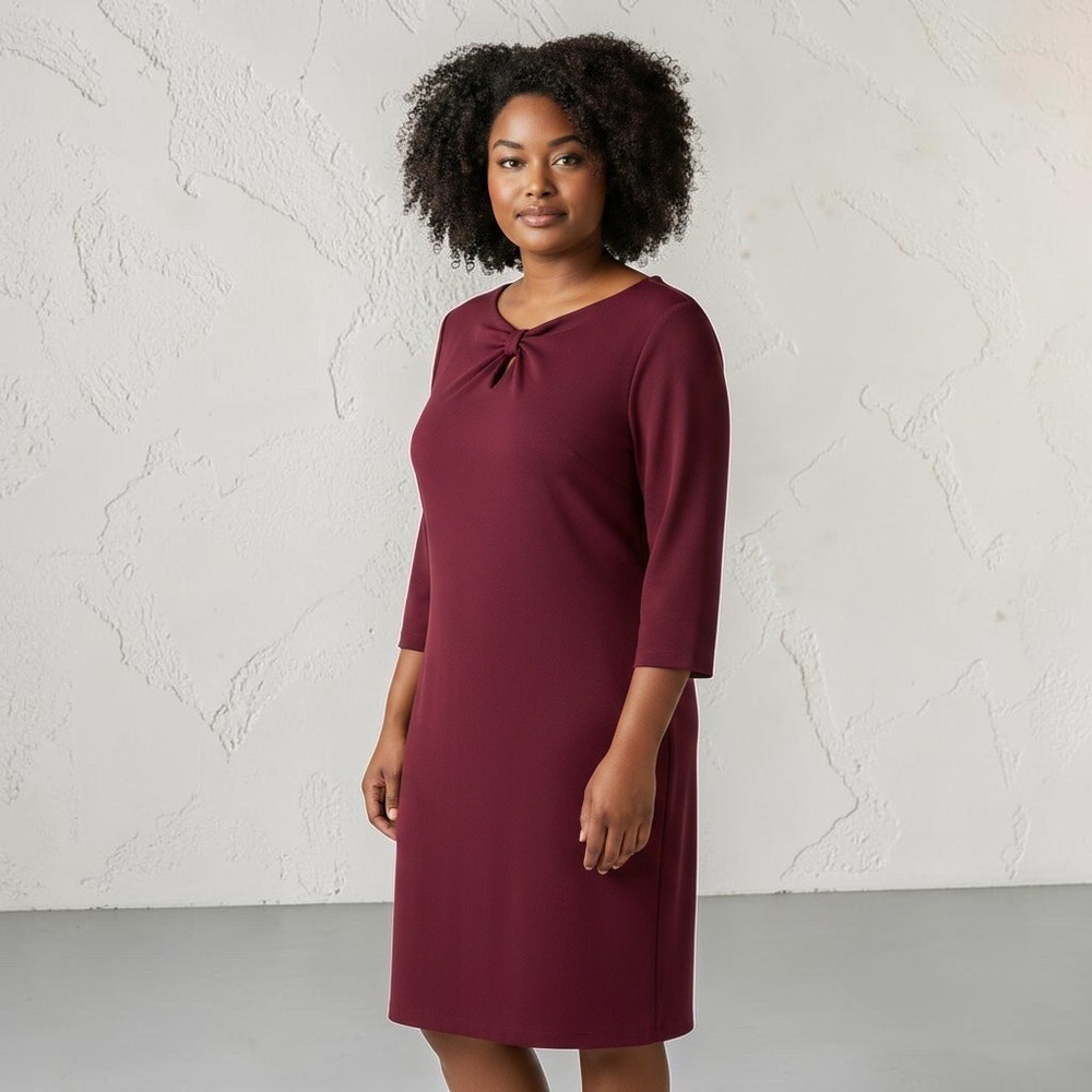 TALBOTS Burgundy Sheath Dress 14 Wine Bow Neck Career Classic Office Chic Work